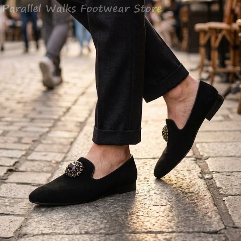 Men Shoes For Wedding - Herren Wildleder-Loafer mit Strass-Kristall-Verzierung, Slip-On Anzugschuhe,