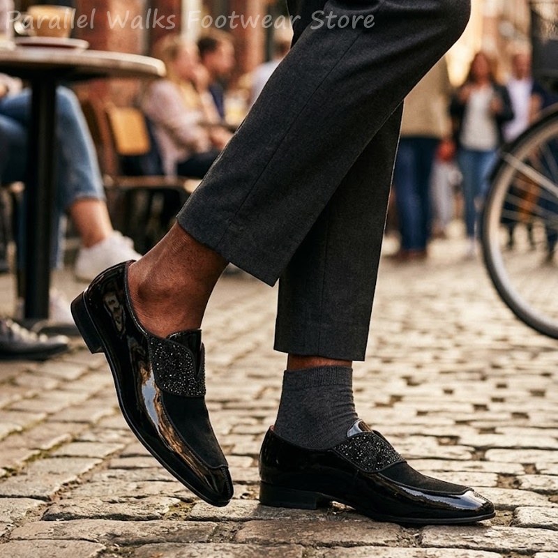 Men'S Shoes Smart - Herren Schwarze Lackleder-Imitat Strass-Loafer Slip-On Anzugschuhe