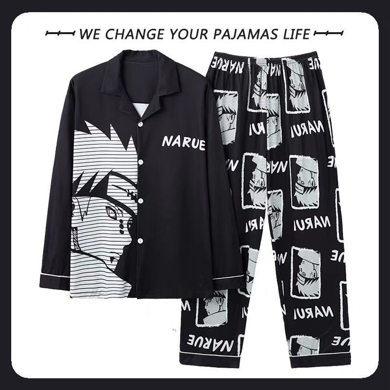 Men Shoes Models - Naruto Uzumaki Anime-Print Pyjama-Set Langarm Revers-Loungewear